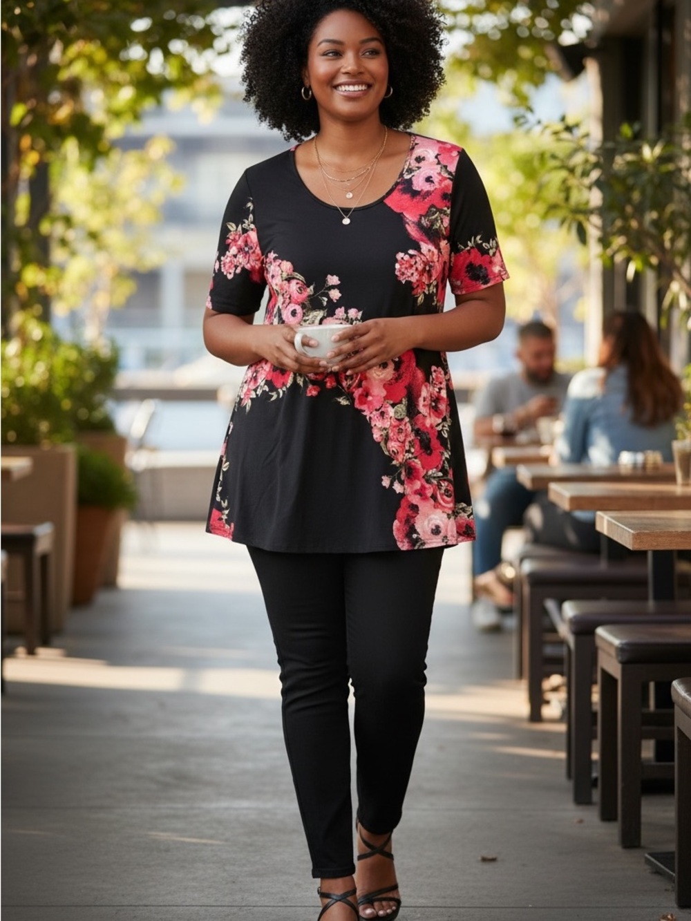 Lularoe size L round neck short sleeve black red & pink diagonal floral top